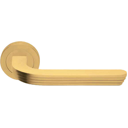 Premium Art Deco Door Handle Set - Satin Brass Reeded Lever On Round Rose