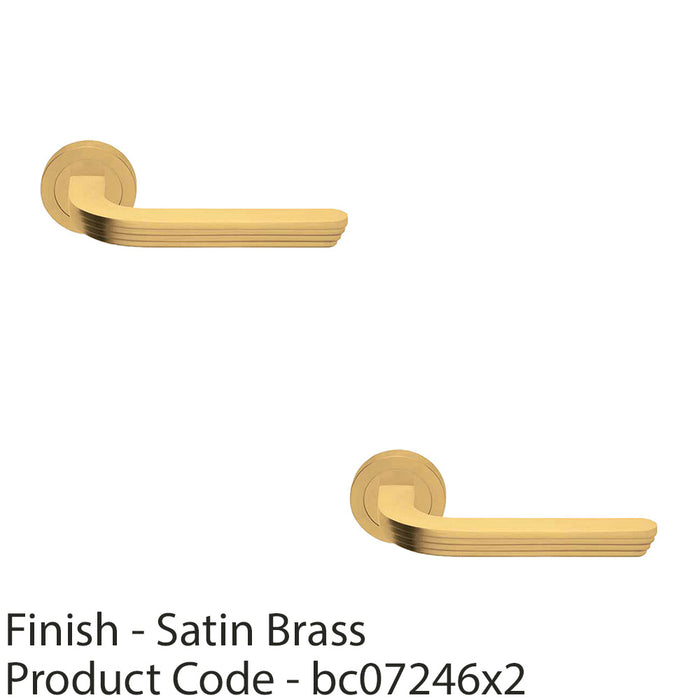 2 PACK Premium Art Deco Door Handle Set Satin Brass Reeded Lever On Round Rose 1