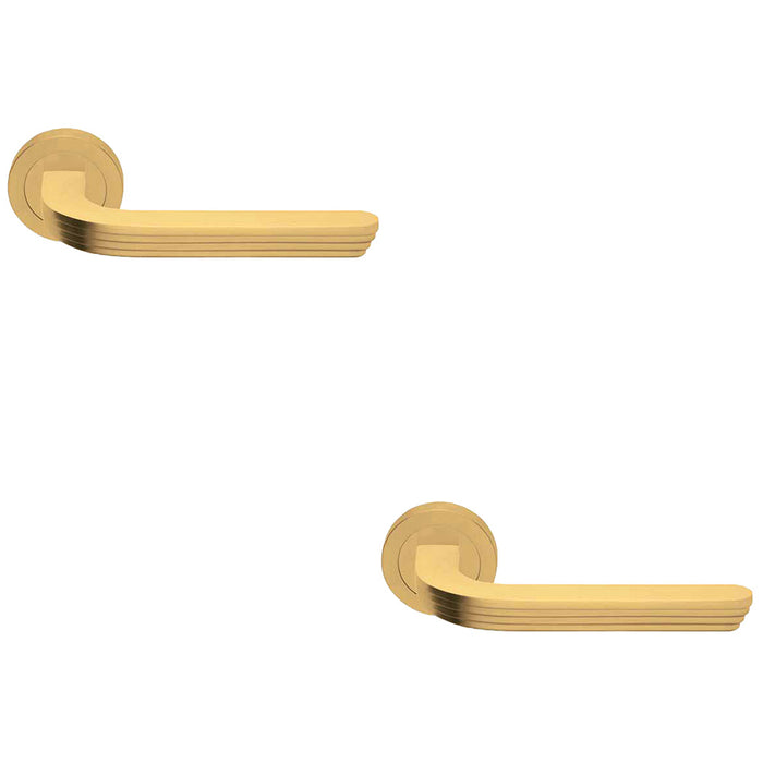 2 PACK Premium Art Deco Door Handle Set Satin Brass Reeded Lever On Round Rose