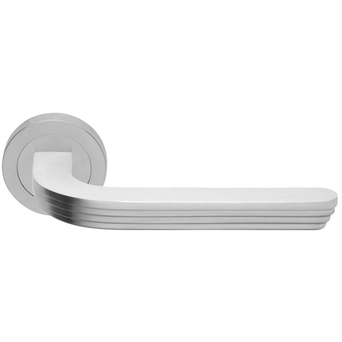 Premium Art Deco Door Handle Set - Satin Chrome Reeded Lever On Round Rose