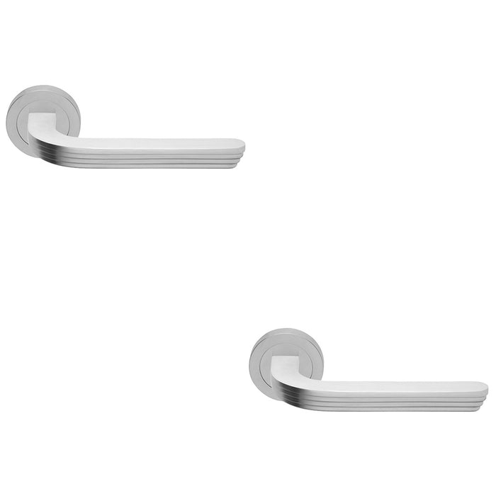 2 PACK Premium Art Deco Door Handle Set Satin Chrome Reeded Lever On Round Rose