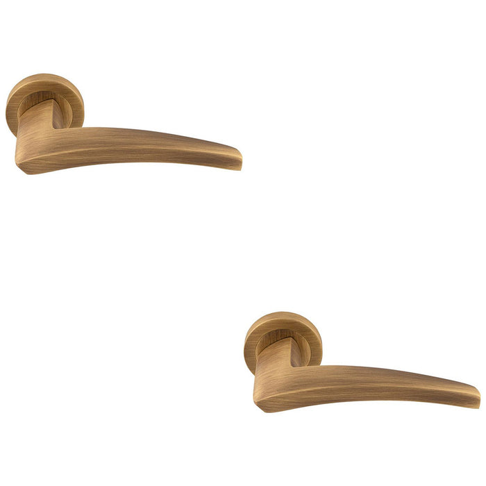 2 PACK Premium Elegant Curve Door Handle Set Antique Brass Bar Lever Round Rose