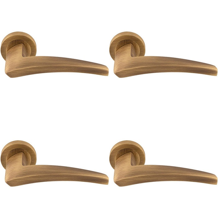 4 PACK Premium Elegant Curve Door Handle Set Antique Brass Bar Lever Round Rose