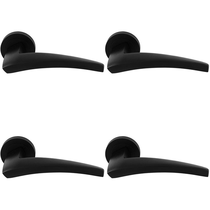 4 PACK Premium Elegant Curve Door Handle Set Matt Black Bar Lever On Round Rose