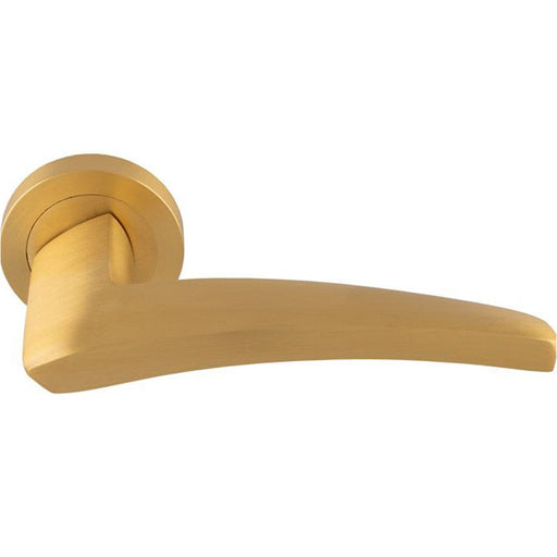 Premium Elegant Curve Door Handle Set - Satin Brass Bar Lever On Round Rose