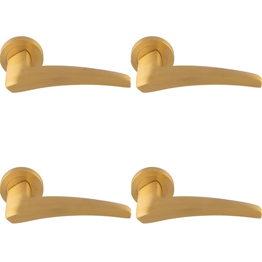 4 PACK Premium Elegant Curve Door Handle Set Satin Brass Bar Lever On Round Rose