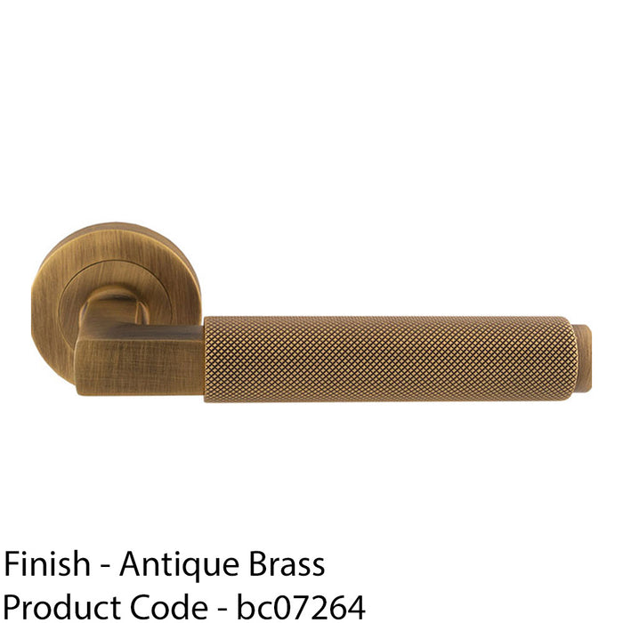 Premium Knurled Door Handle Set - Antique Brass Angled Lever On Round Rose 1