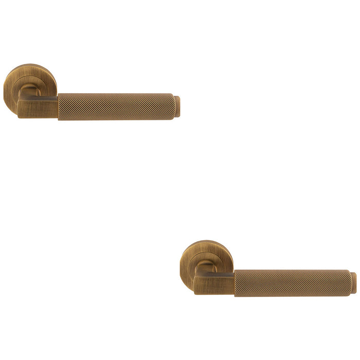 2 PACK Premium Knurled Door Handle Set Antique Brass Angled Lever On Round Rose