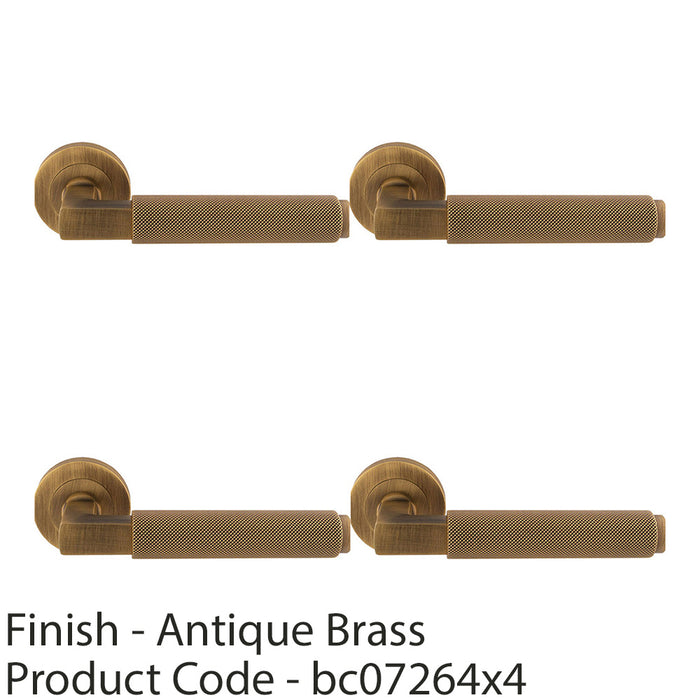 4 PACK Premium Knurled Door Handle Set Antique Brass Angled Lever On Round Rose 1