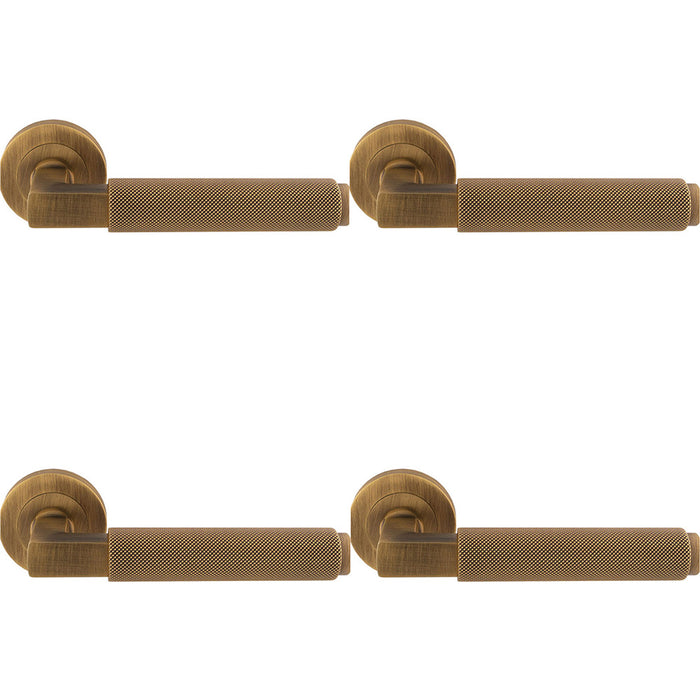 4 PACK Premium Knurled Door Handle Set Antique Brass Angled Lever On Round Rose