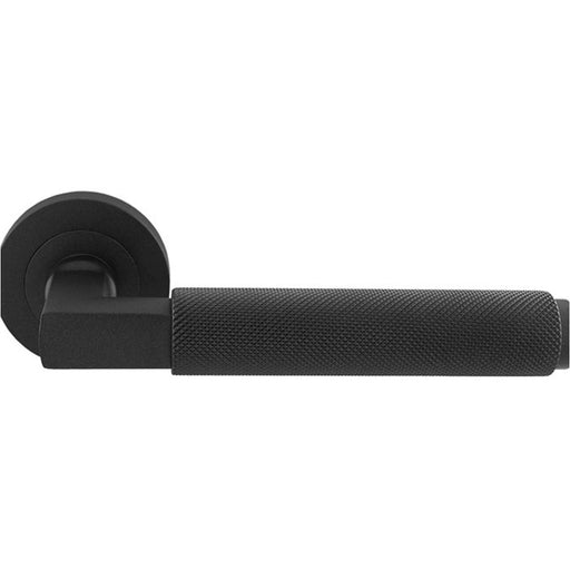 Premium Knurled Door Handle Set - Matt Black Angled Lever On Round Rose