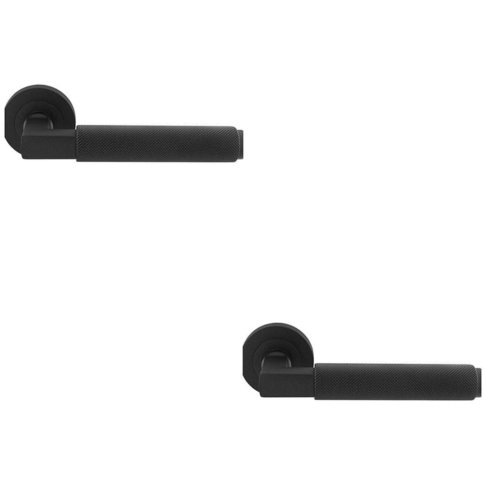 2 PACK Premium Knurled Door Handle Set Matt Black Angled Lever On Round Rose