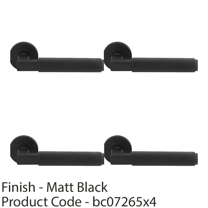 4 PACK Premium Knurled Door Handle Set Matt Black Angled Lever On Round Rose 1