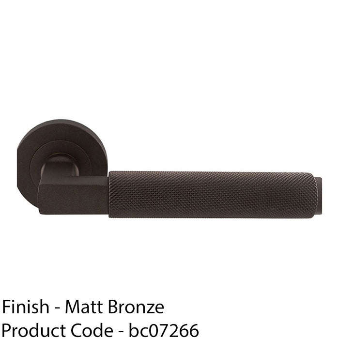 Premium Knurled Door Handle Set - Matt Bronze Angled Lever On Round Rose 1