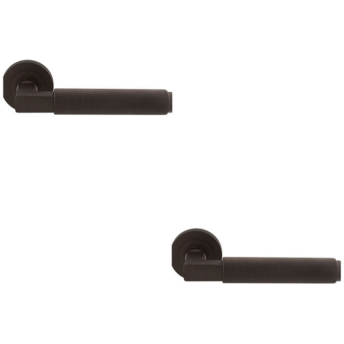 2 PACK Premium Knurled Door Handle Set Matt Bronze Angled Lever On Round Rose