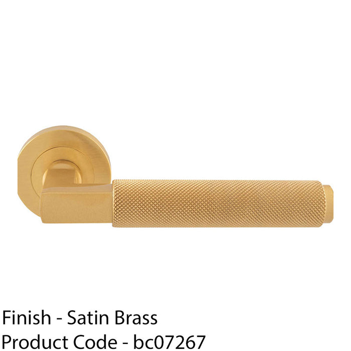 Premium Knurled Door Handle Set - Satin Brass Angled Lever On Round Rose 1