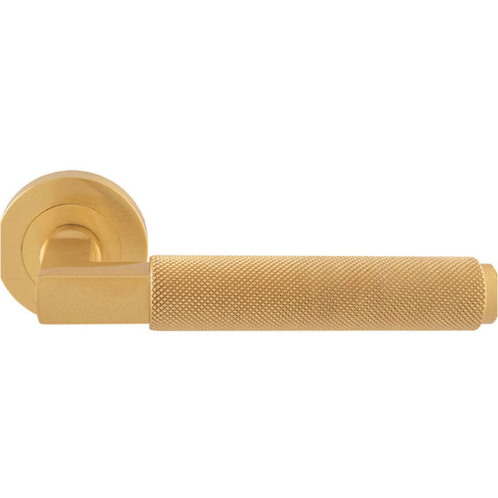 Premium Knurled Door Handle Set - Satin Brass Angled Lever On Round Rose