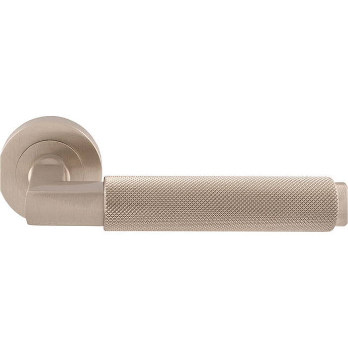 Premium Knurled Door Handle Set - Satin Nickel Angled Lever On Round Rose