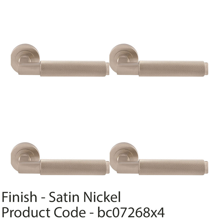 4 PACK Premium Knurled Door Handle Set Satin Nickel Angled Lever On Round Rose 1