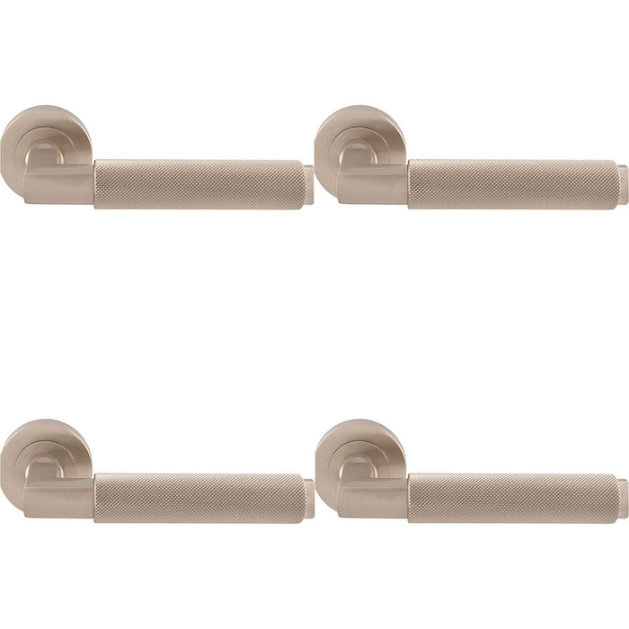 4 PACK Premium Knurled Door Handle Set Satin Nickel Angled Lever On Round Rose