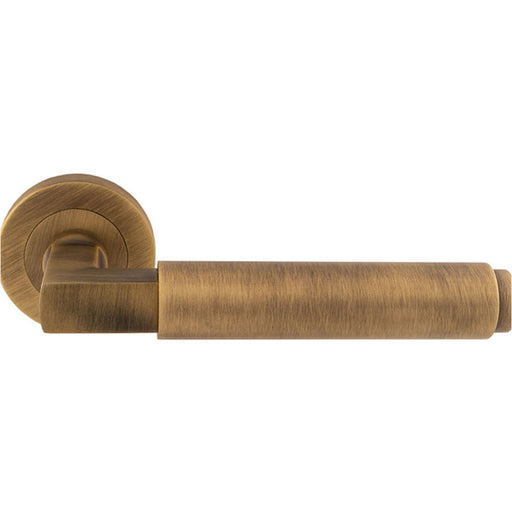 Premium Smooth Door Handle Set - Antique Brass Angled Lever On Round Rose