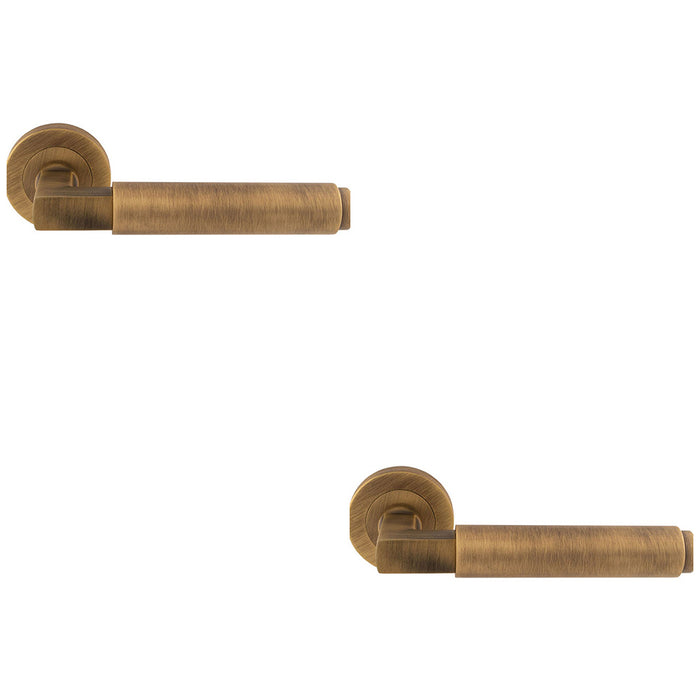 2 PACK Premium Smooth Door Handle Set Antique Brass Angled Lever On Round Rose