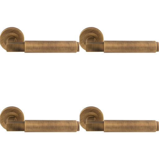 4 PACK Premium Smooth Door Handle Set Antique Brass Angled Lever On Round Rose