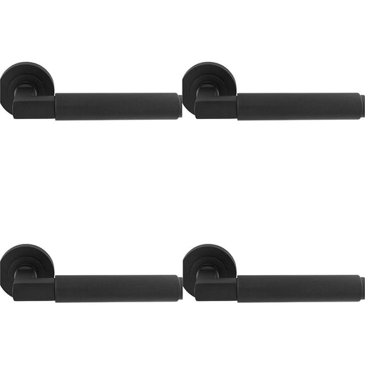 4 PACK Premium Smooth Door Handle Set Matt Black Angled Lever On Round Rose