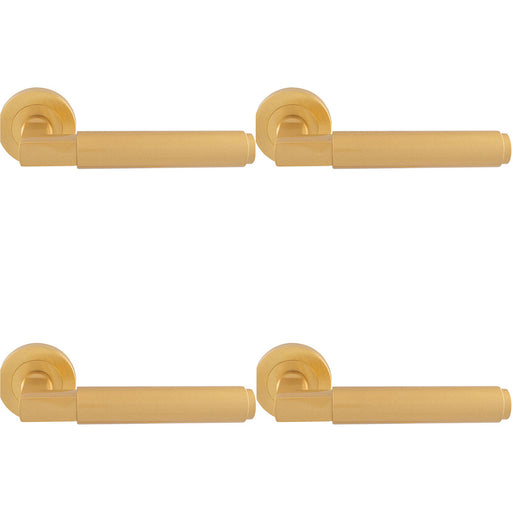 4 PACK Premium Smooth Door Handle Set Satin Brass Angled Lever On Round Rose