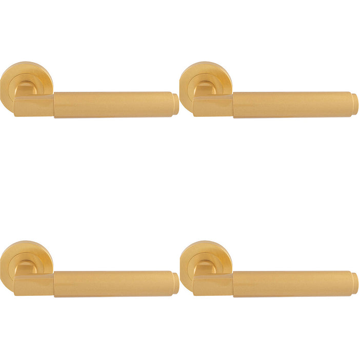 4 PACK Premium Smooth Door Handle Set Satin Brass Angled Lever On Round Rose