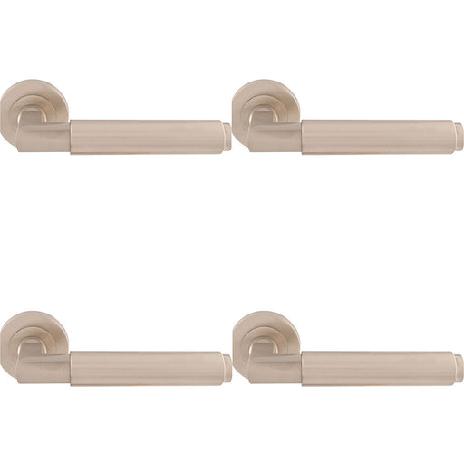 4 PACK Premium Smooth Door Handle Set Satin Nickel Angled Lever On Round Rose