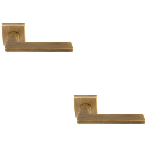 2 PACK Premium Sleek Slim Door Handle Set Antique Brass Angled Lever Square Rose