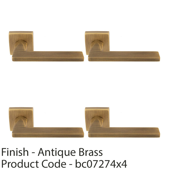 4 PACK Premium Sleek Slim Door Handle Set Antique Brass Angled Lever Square Rose 1