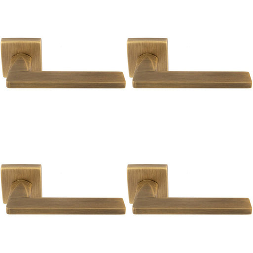 4 PACK Premium Sleek Slim Door Handle Set Antique Brass Angled Lever Square Rose