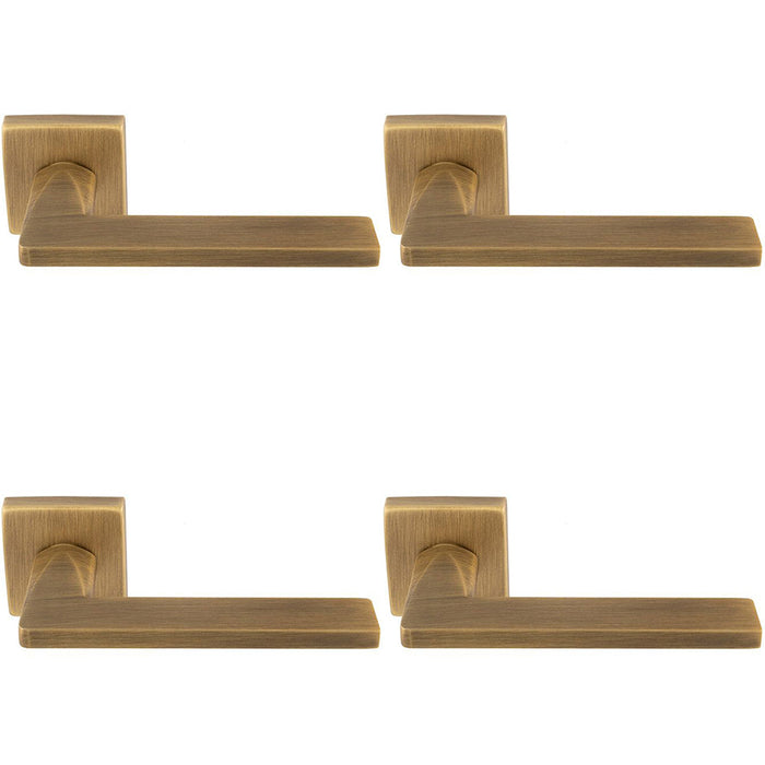 4 PACK Premium Sleek Slim Door Handle Set Antique Brass Angled Lever Square Rose