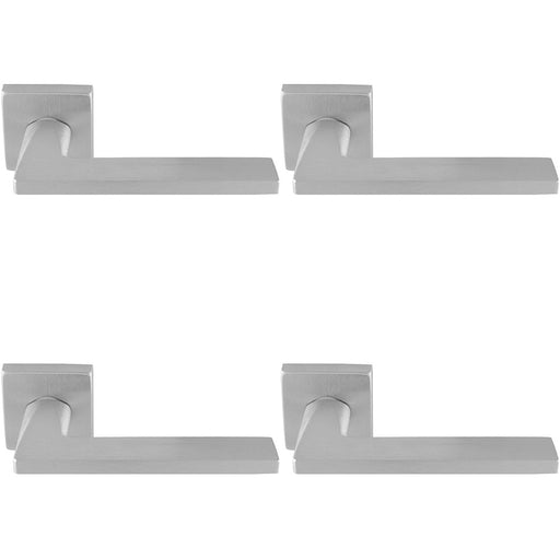 4 PACK Premium Sleek Slim Door Handle Set Satin Chrome Angled Lever Square Rose