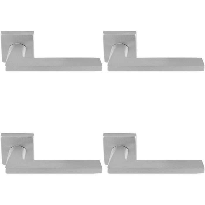 4 PACK Premium Sleek Slim Door Handle Set Satin Chrome Angled Lever Square Rose