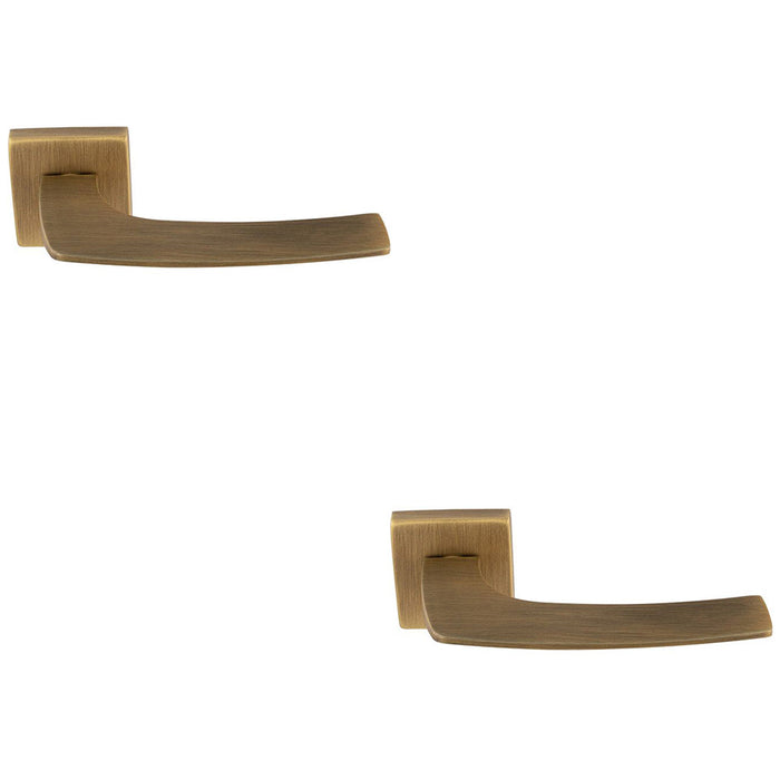 2 PACK Premium Curved Slim Door Handle Set Antique Brass Plain Lever Square Rose