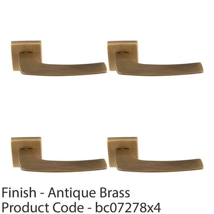 4 PACK Premium Curved Slim Door Handle Set Antique Brass Plain Lever Square Rose 1