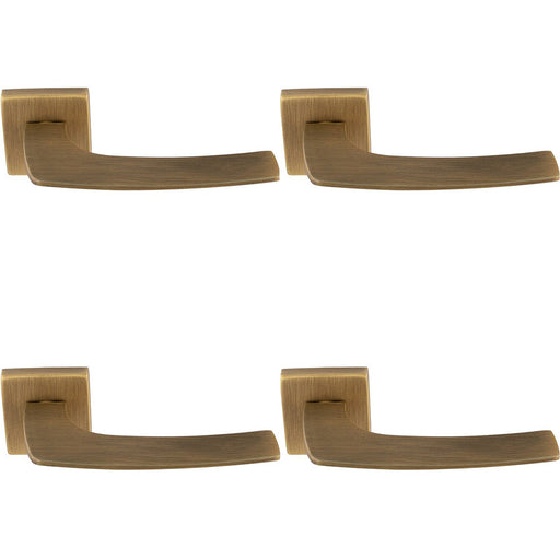 4 PACK Premium Curved Slim Door Handle Set Antique Brass Plain Lever Square Rose