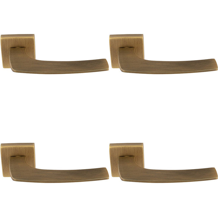 4 PACK Premium Curved Slim Door Handle Set Antique Brass Plain Lever Square Rose