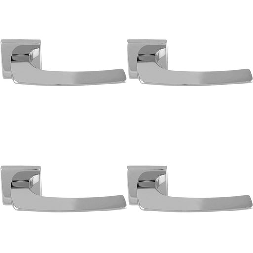 4 PACK Premium Curved Slim Door Handle Set Polished Chrome Plain On Square Rose