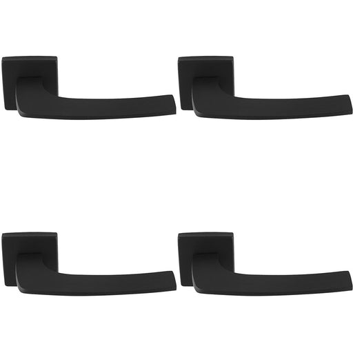 4 PACK Premium Curved Slim Door Handle Set Matt Black Plain Lever On Square Rose