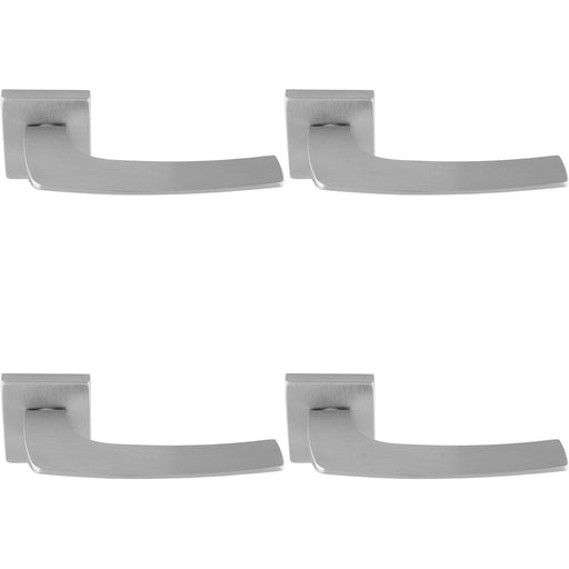 4 PACK Premium Curved Slim Door Handle Set Satin Chrome Plain Lever Square Rose