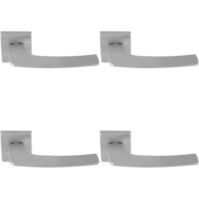 4 PACK Premium Curved Slim Door Handle Set Satin Chrome Plain Lever Square Rose