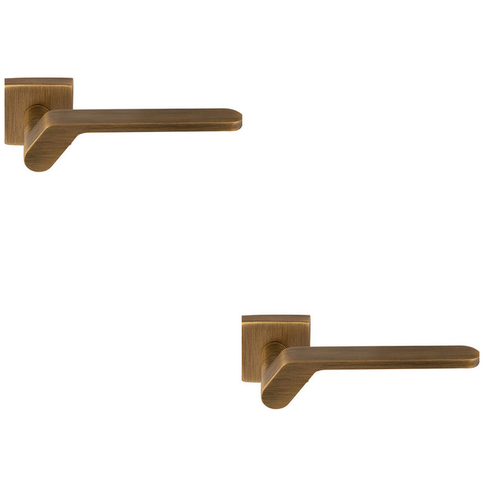 2 PACK Premium Modern Slim Door Handle Set Antique Brass Angled On Square Rose