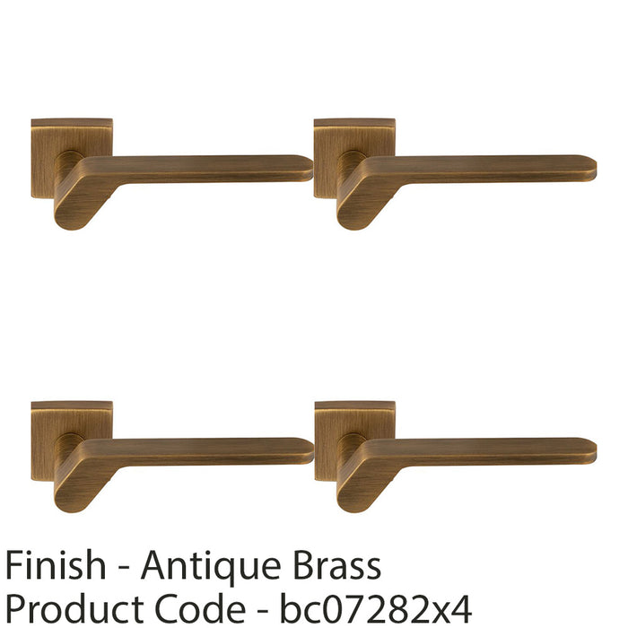 4 PACK Premium Modern Slim Door Handle Set Antique Brass Angled On Square Rose 1