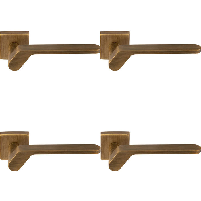 4 PACK Premium Modern Slim Door Handle Set Antique Brass Angled On Square Rose