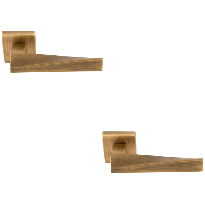 2 PACK Premium Geomteric Door Handle Set Antique Brass Angled Lever Square Rose