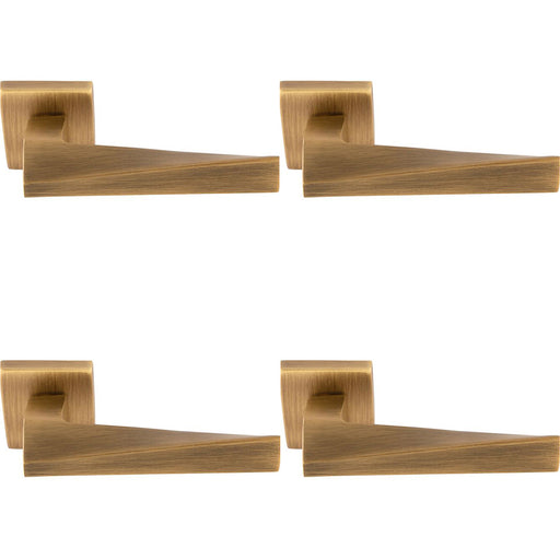 4 PACK Premium Geomteric Door Handle Set Antique Brass Angled Lever Square Rose